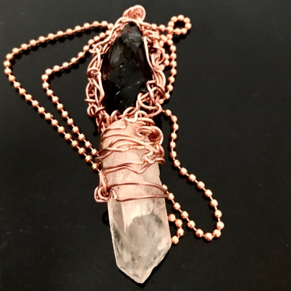Obsidian Apache Tear Genuine Quartz Crystal Pendant Copper Necklace Shaman Gift